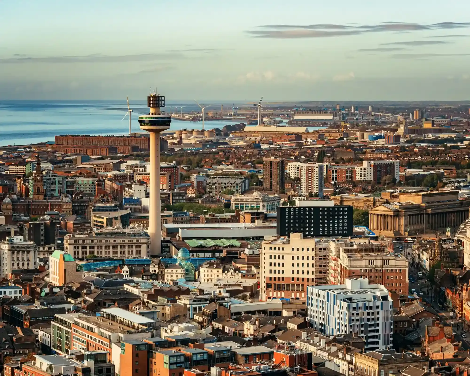 Aerial view of Liverpool city centre skyline, featuring the Radio City Tower, home to our conveyancing solicitors
