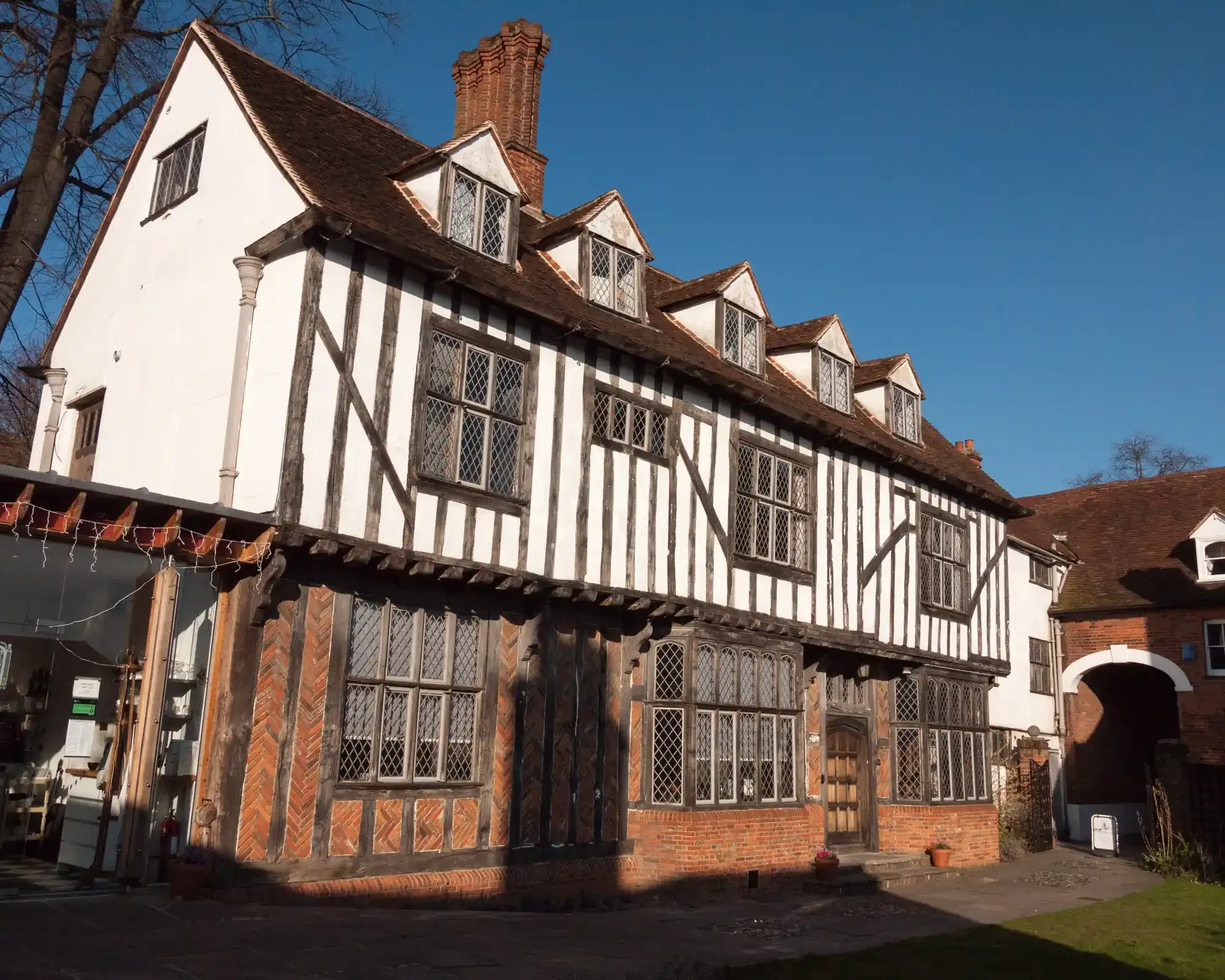 Tymperleys, a Tudor timber-framed house with herringbone brickwork and leaded windows, in Colchester’s historic town centre.